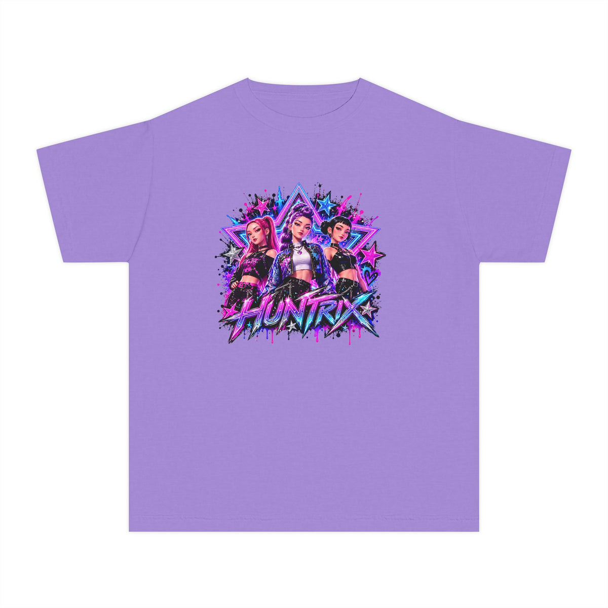 Kpop HUNTRIX Neon Anime Trio Youth Tee | Retro Vaporwave Graphic Shirt