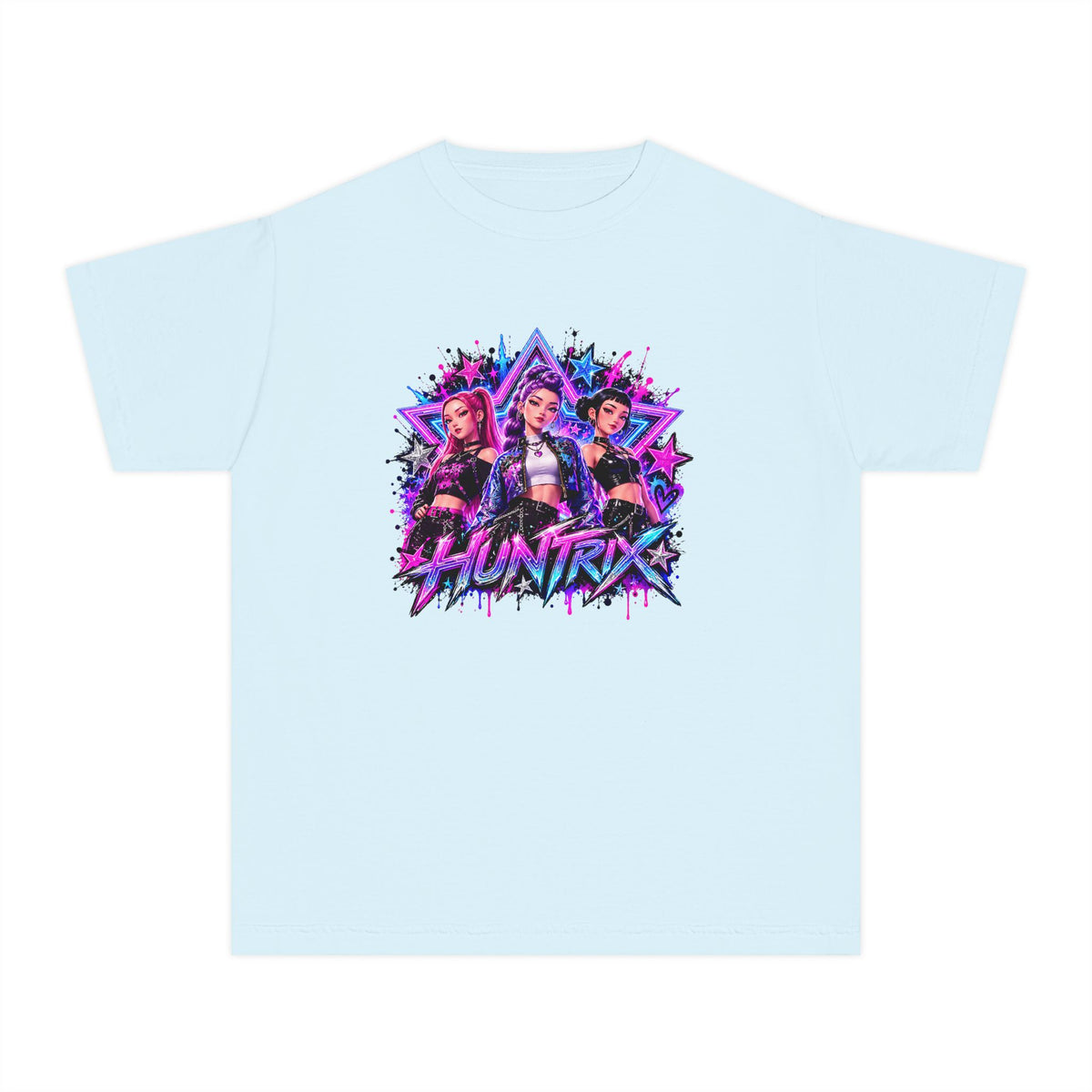 Kpop HUNTRIX Neon Anime Trio Youth Tee | Retro Vaporwave Graphic Shirt