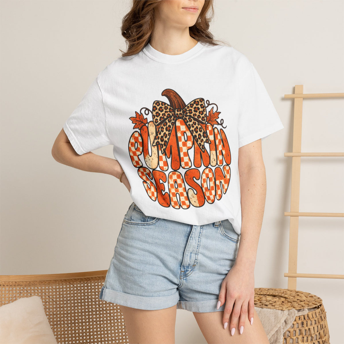 Pumpkin Season T-Shirt — Retro Pumpkin Graphic with Leopard Bow