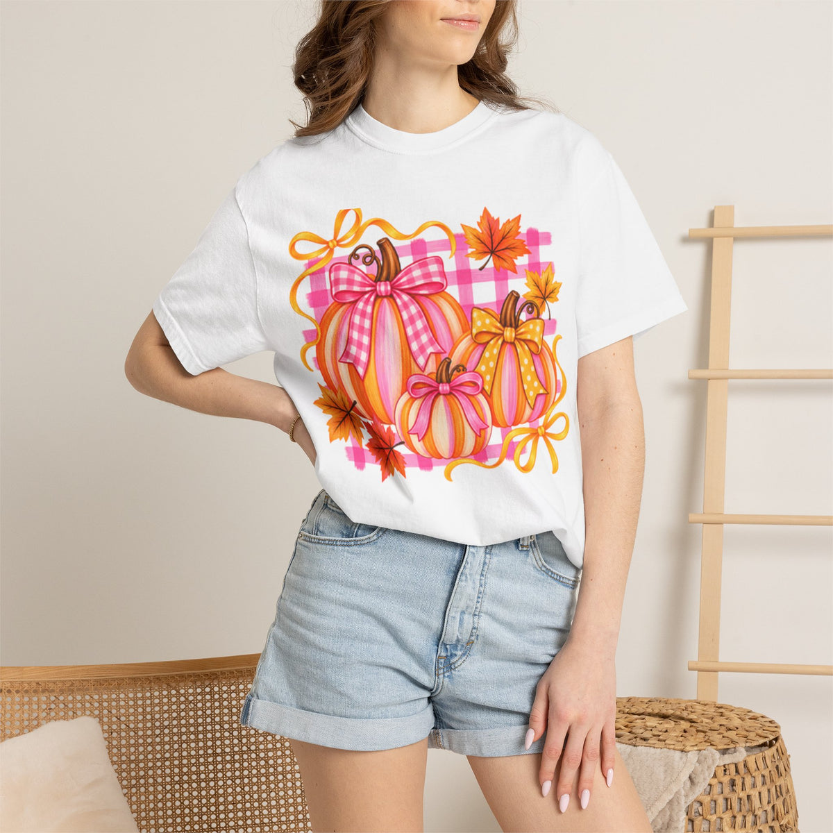 Pink Plaid Pumpkins T-shirt | Fall Pumpkin Trio, Gingham Bows