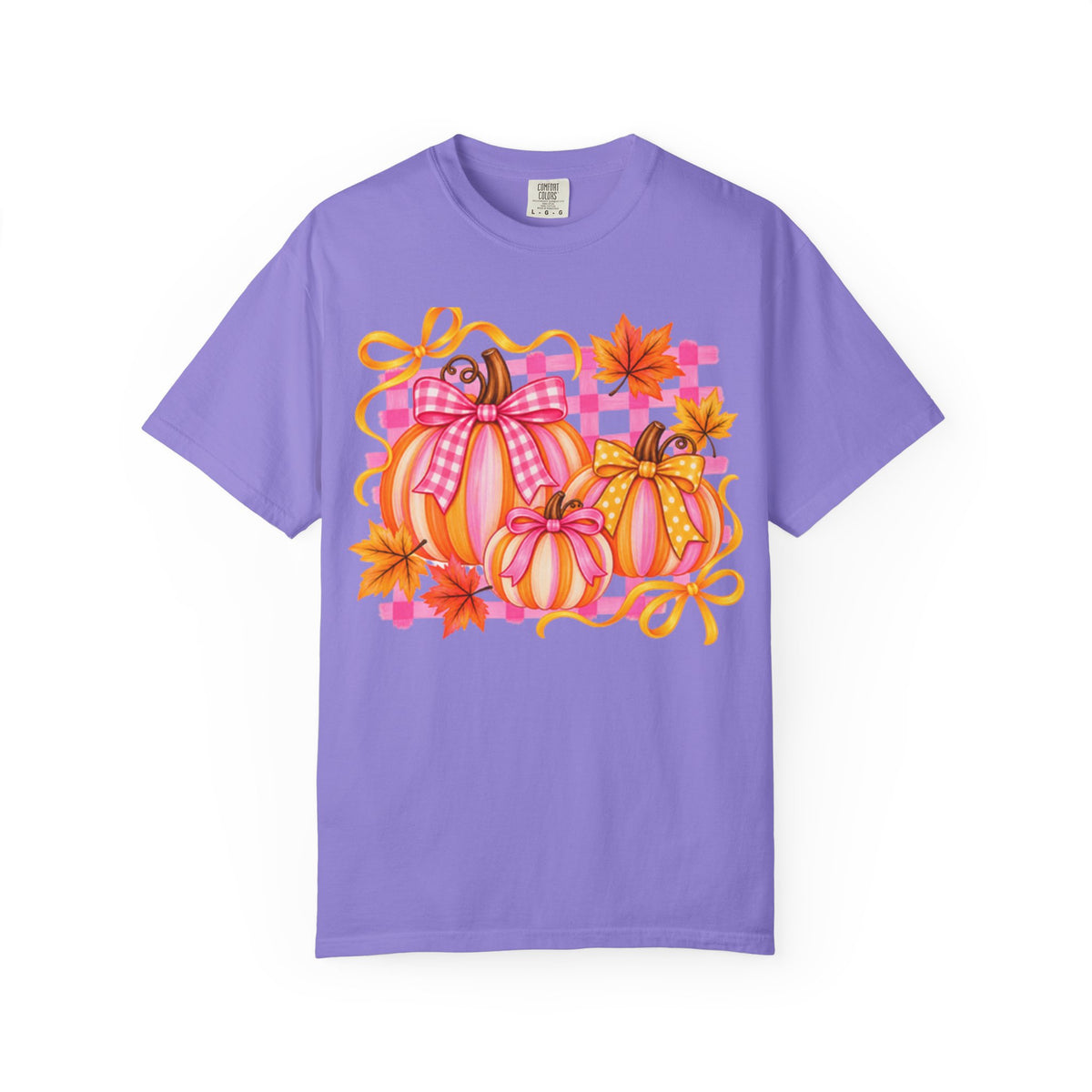 Pink Plaid Pumpkins T-shirt | Fall Pumpkin Trio, Gingham Bows