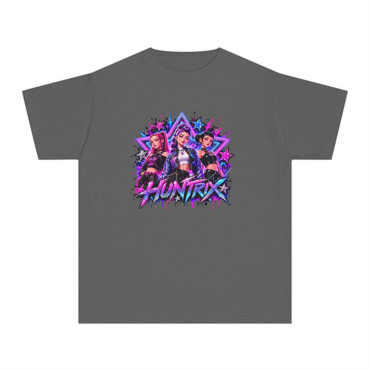 Kpop HUNTRIX Neon Anime Trio Youth Tee | Retro Vaporwave Graphic Shirt