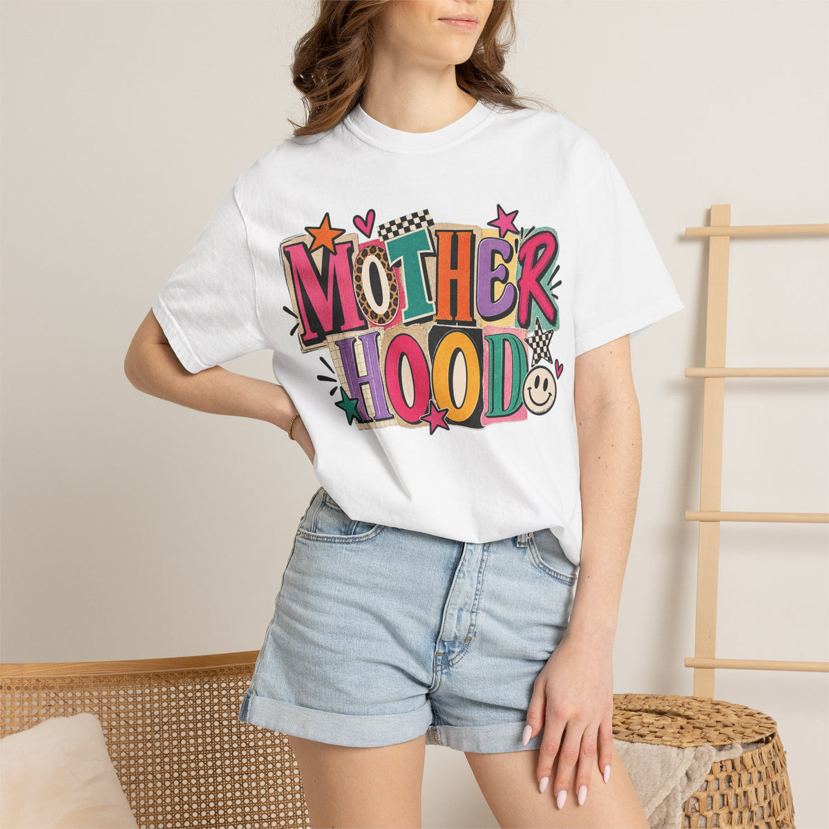Motherhood Retro Doodle T-Shirt | Colorful Mom Typography