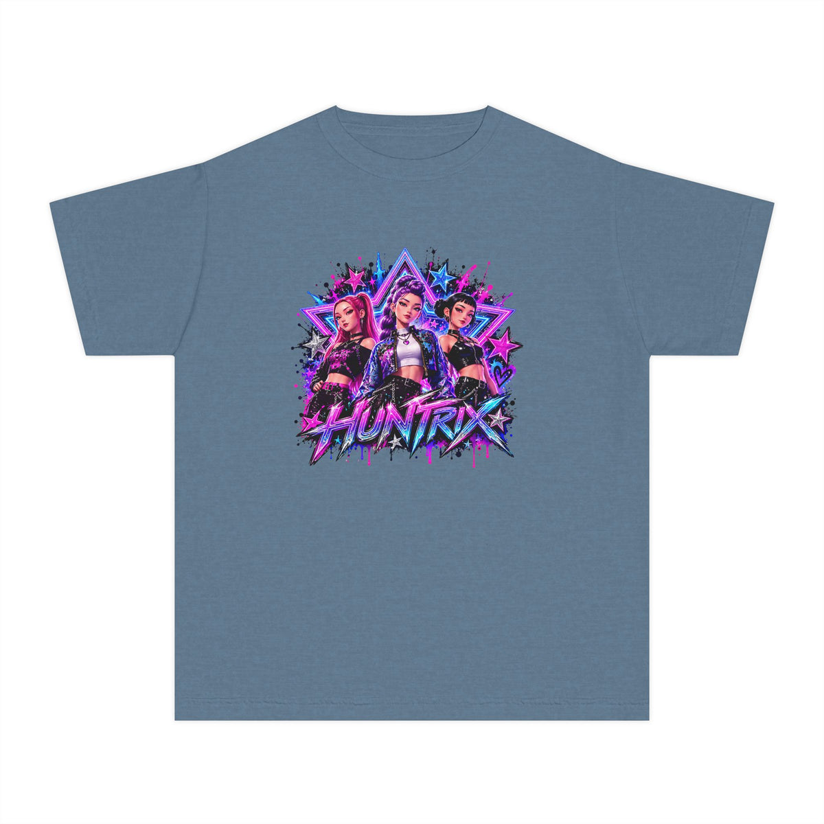 Kpop HUNTRIX Neon Anime Trio Youth Tee | Retro Vaporwave Graphic Shirt