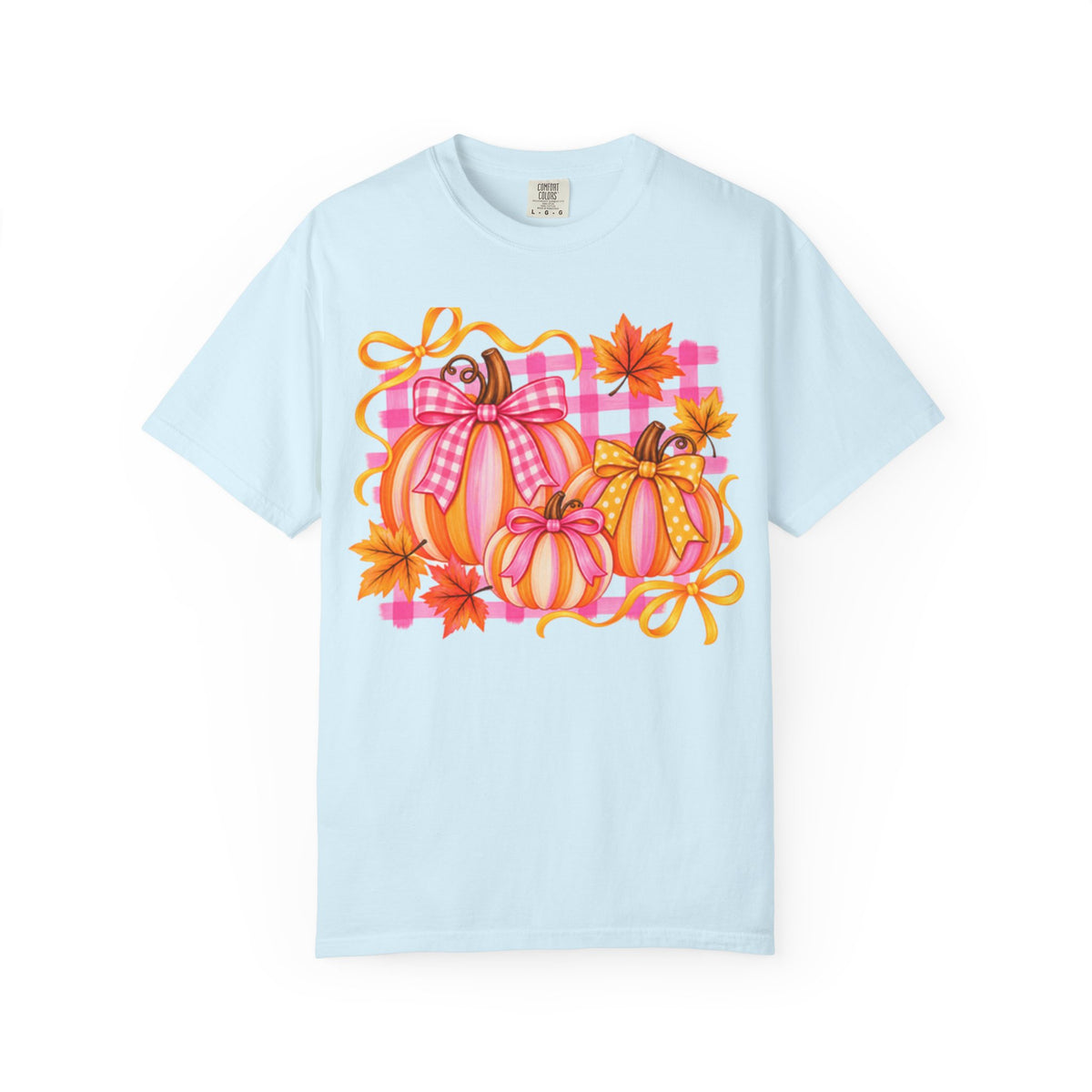 Pink Plaid Pumpkins T-shirt | Fall Pumpkin Trio, Gingham Bows