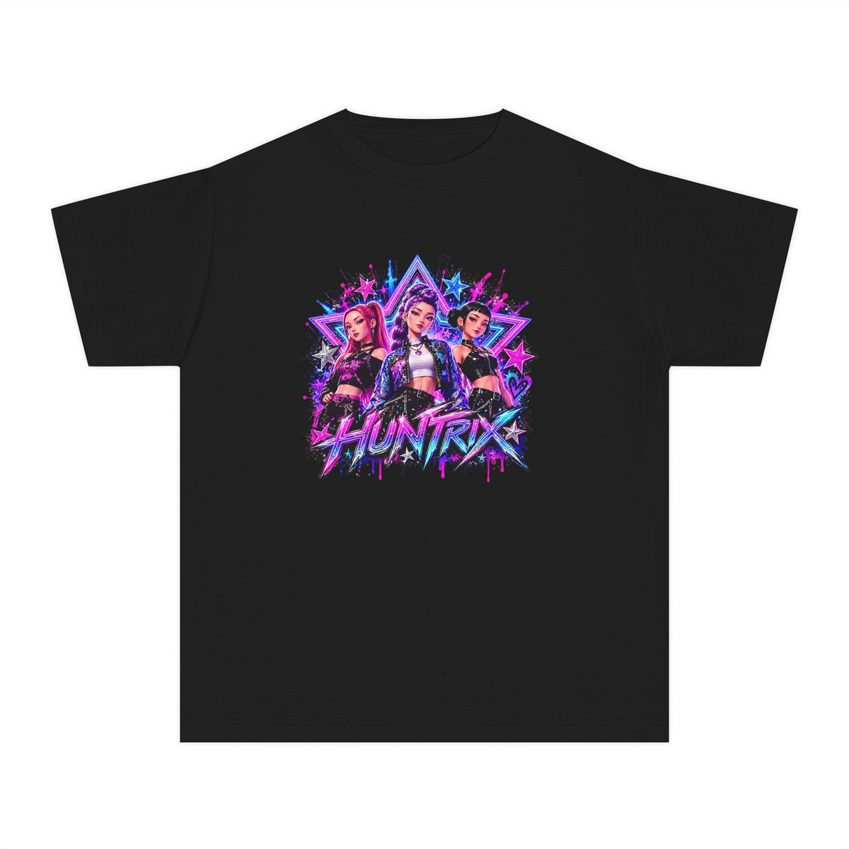 Kpop HUNTRIX Neon Anime Trio Youth Tee | Retro Vaporwave Graphic Shirt