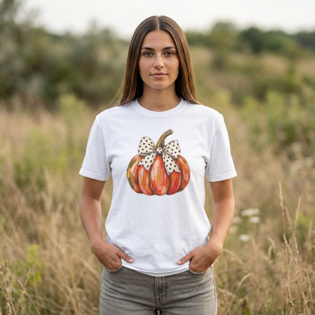 Pumpkin with Polka Dot Bow T-Shirt — Cute Fall Pumpkin Tee