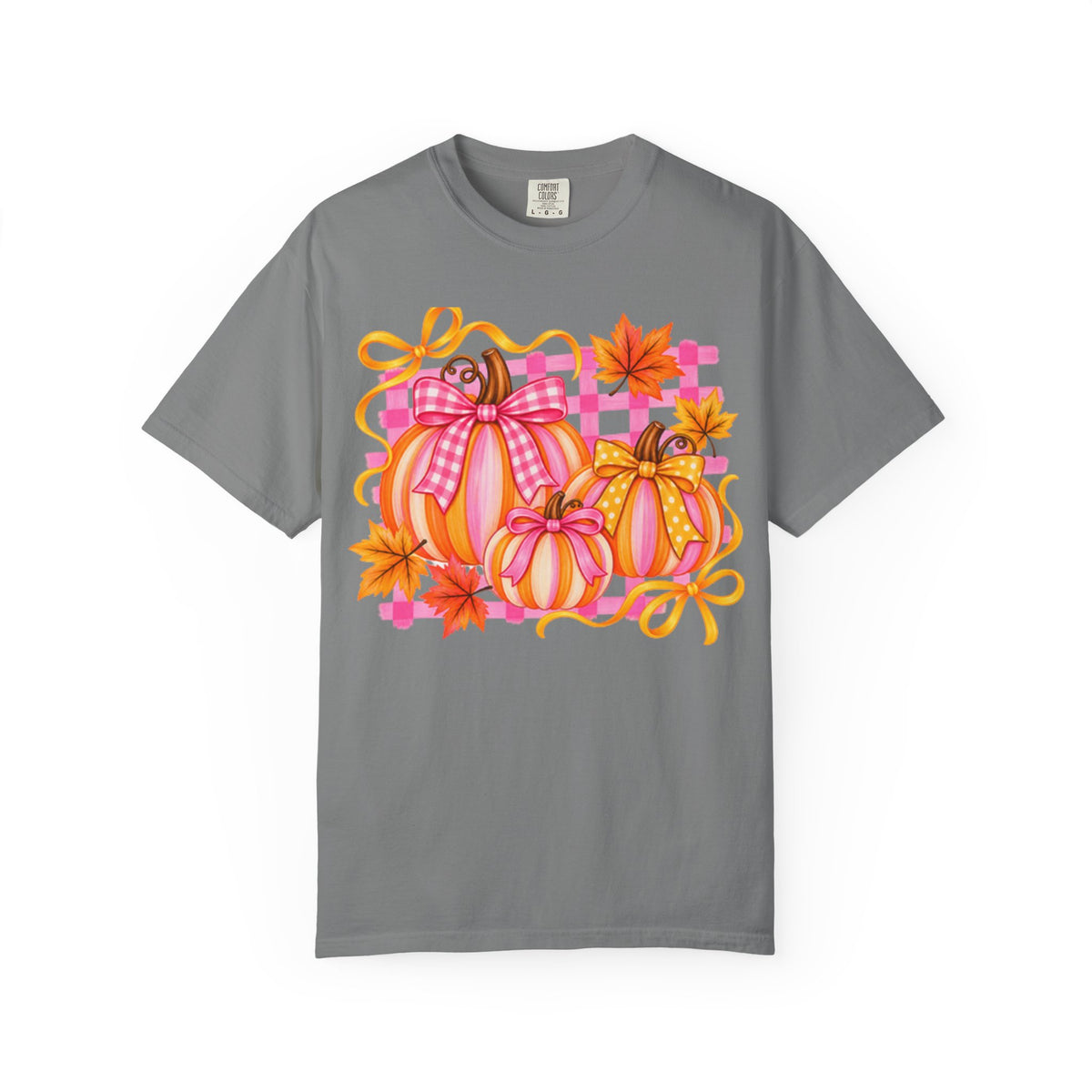 Pink Plaid Pumpkins T-shirt | Fall Pumpkin Trio, Gingham Bows