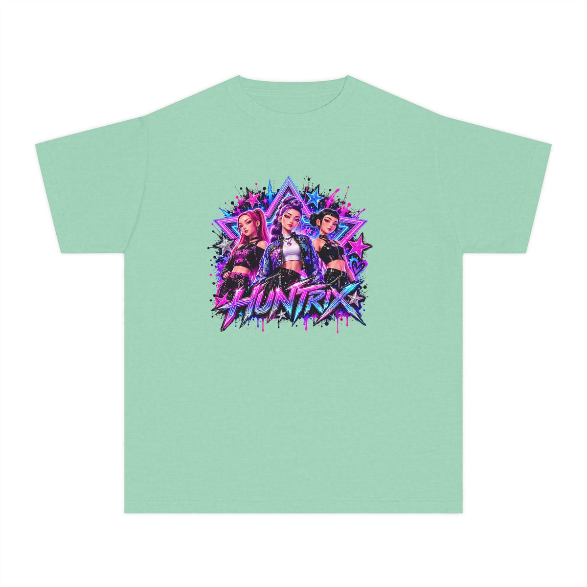 Kpop HUNTRIX Neon Anime Trio Youth Tee | Retro Vaporwave Graphic Shirt