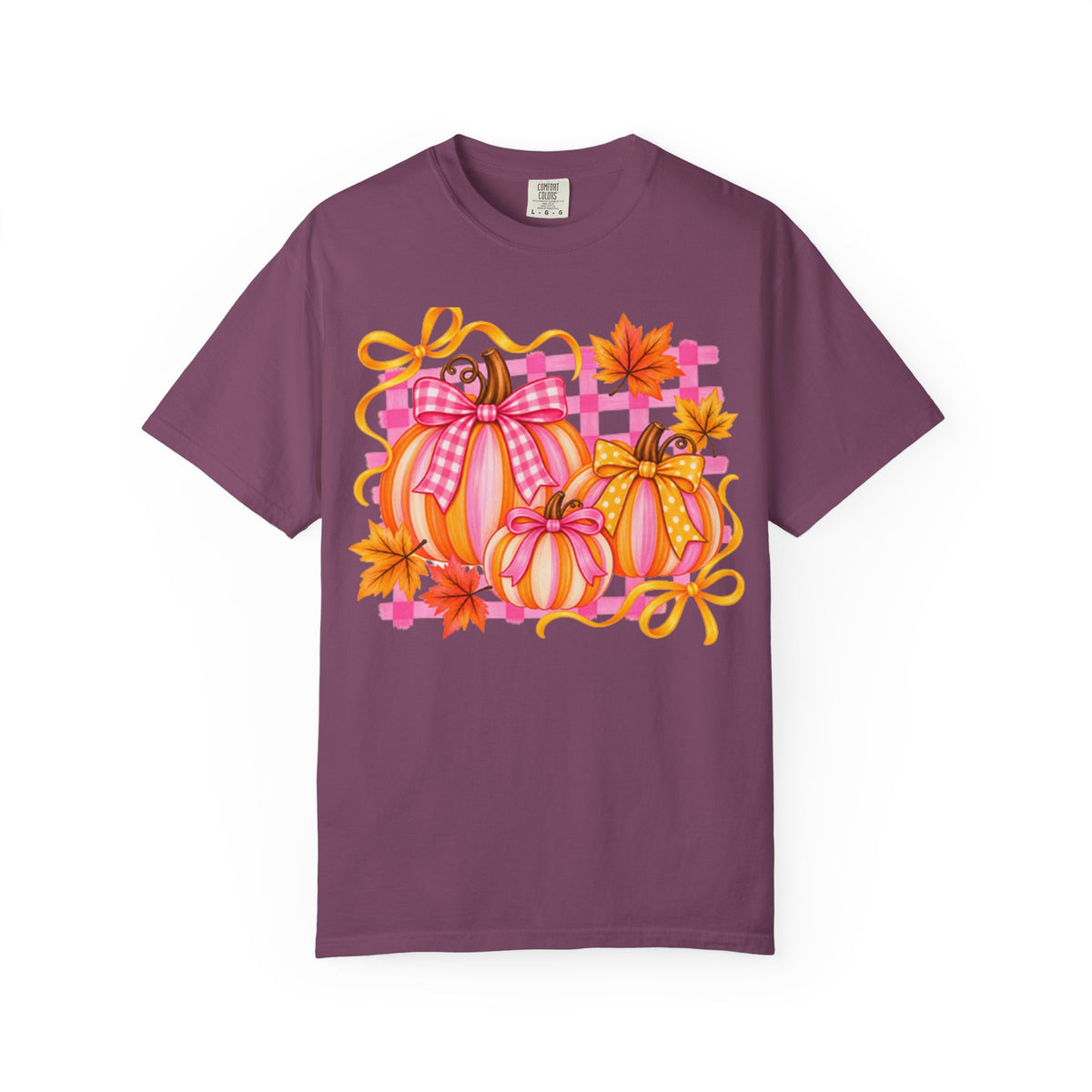 Pink Plaid Pumpkins T-shirt | Fall Pumpkin Trio, Gingham Bows