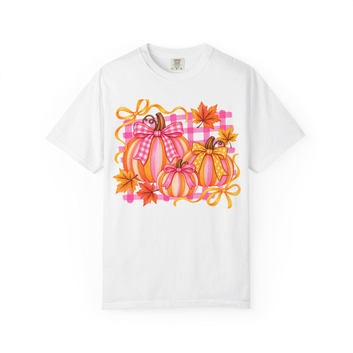 Pink Plaid Pumpkins T-shirt | Fall Pumpkin Trio, Gingham Bows