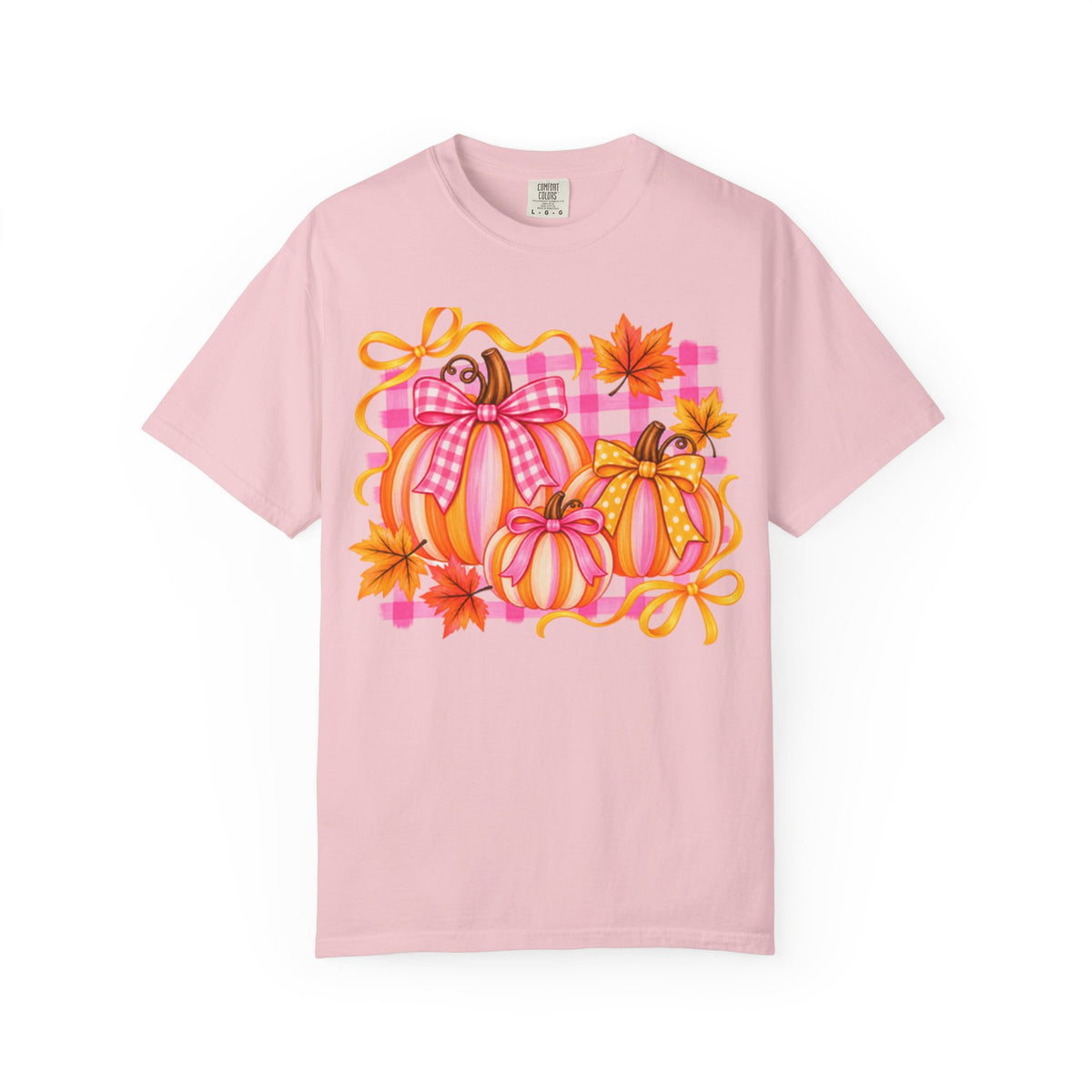 Pink Plaid Pumpkins T-shirt | Fall Pumpkin Trio, Gingham Bows