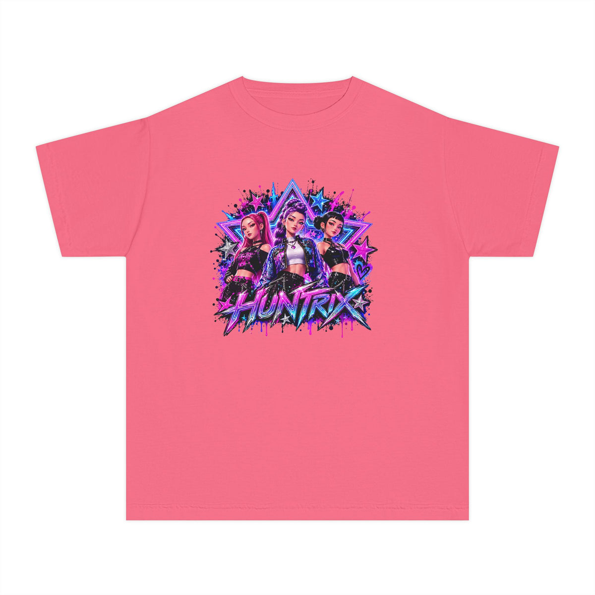 Kpop HUNTRIX Neon Anime Trio Youth Tee | Retro Vaporwave Graphic Shirt