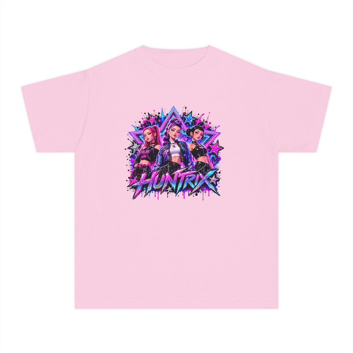 Kpop HUNTRIX Neon Anime Trio Youth Tee | Retro Vaporwave Graphic Shirt