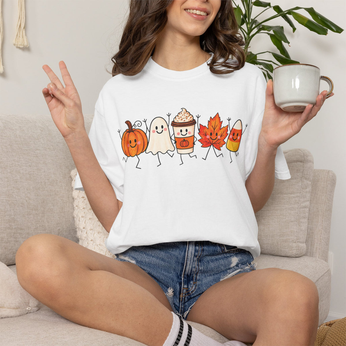 Cute Halloween Friends T-shirt | Pumpkin Ghost Latte Leaf Candy Corn