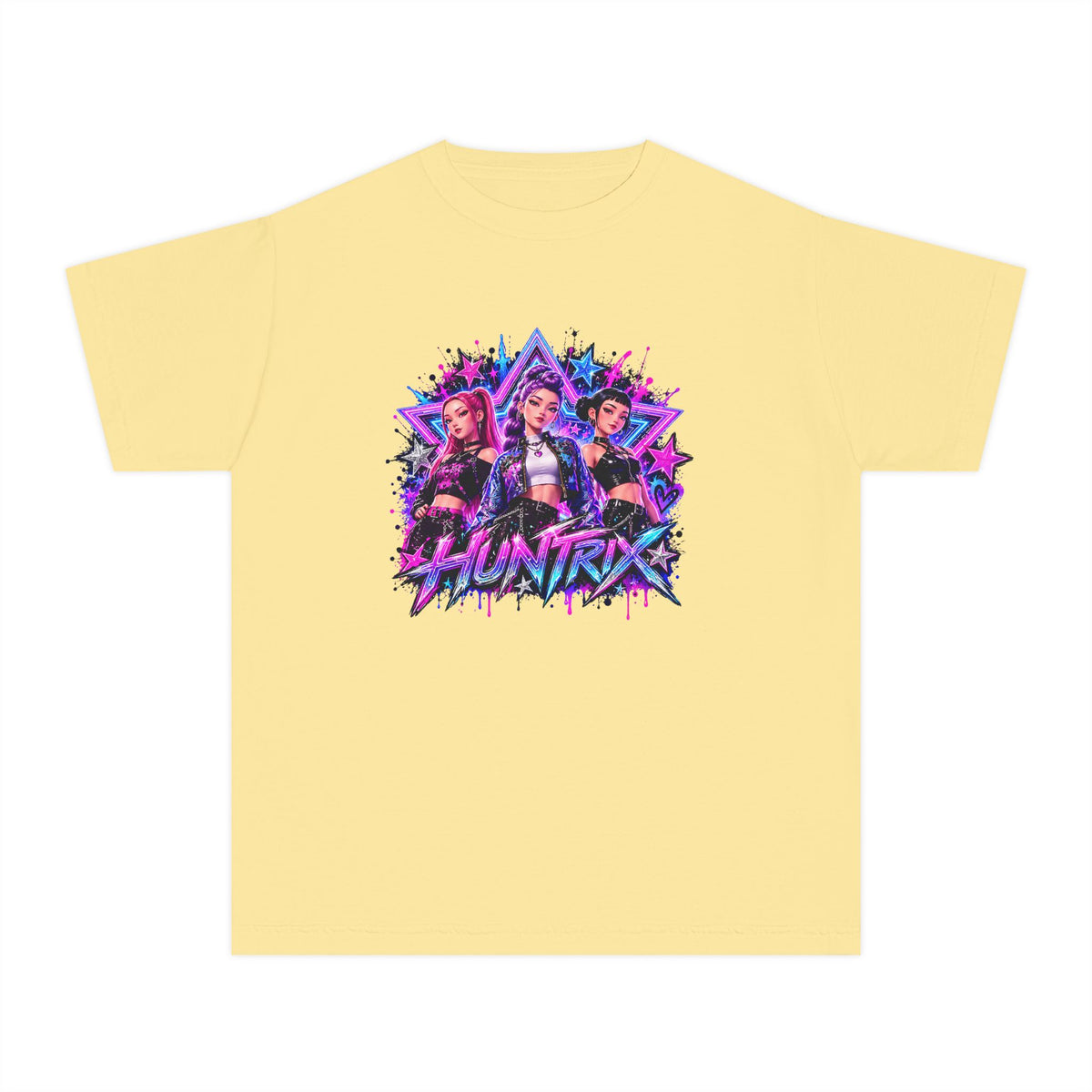 Kpop HUNTRIX Neon Anime Trio Youth Tee | Retro Vaporwave Graphic Shirt