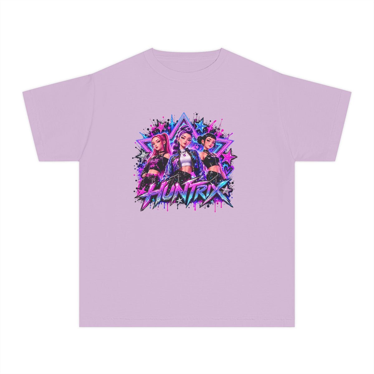Kpop HUNTRIX Neon Anime Trio Youth Tee | Retro Vaporwave Graphic Shirt